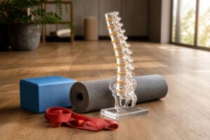 Ein transparentes Lendenwirbelsäulen-Modell steht auf einem hellen Holzstudioboden neben einer zusammengerollten Yogamatte,